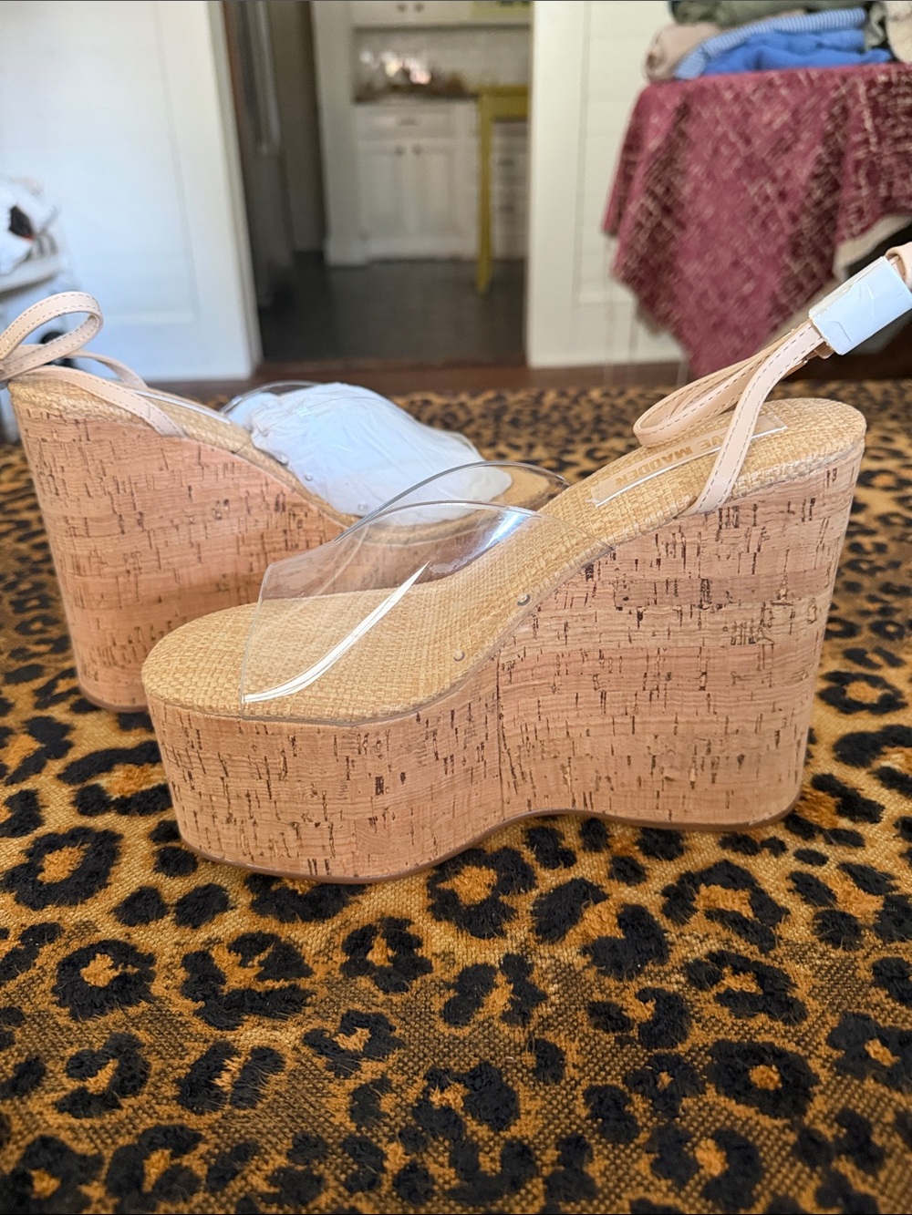 Steve Madden Clear-Strap Cork Platform Wedges - Nude/Transparent